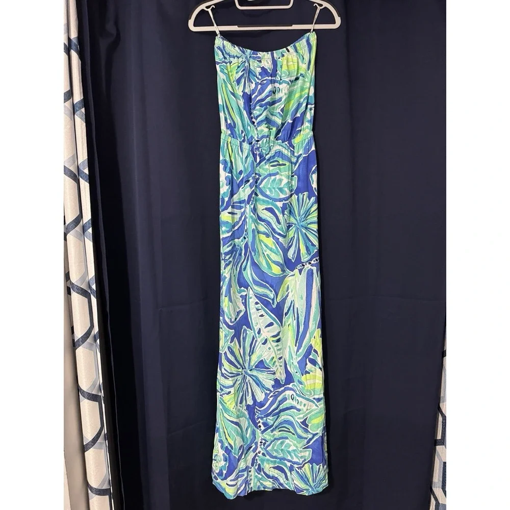 Lilly Pulitzer Marlisa Maxi Dress Womens XS Blue Green Floral Strapless Elastic - Picture 1 of 5